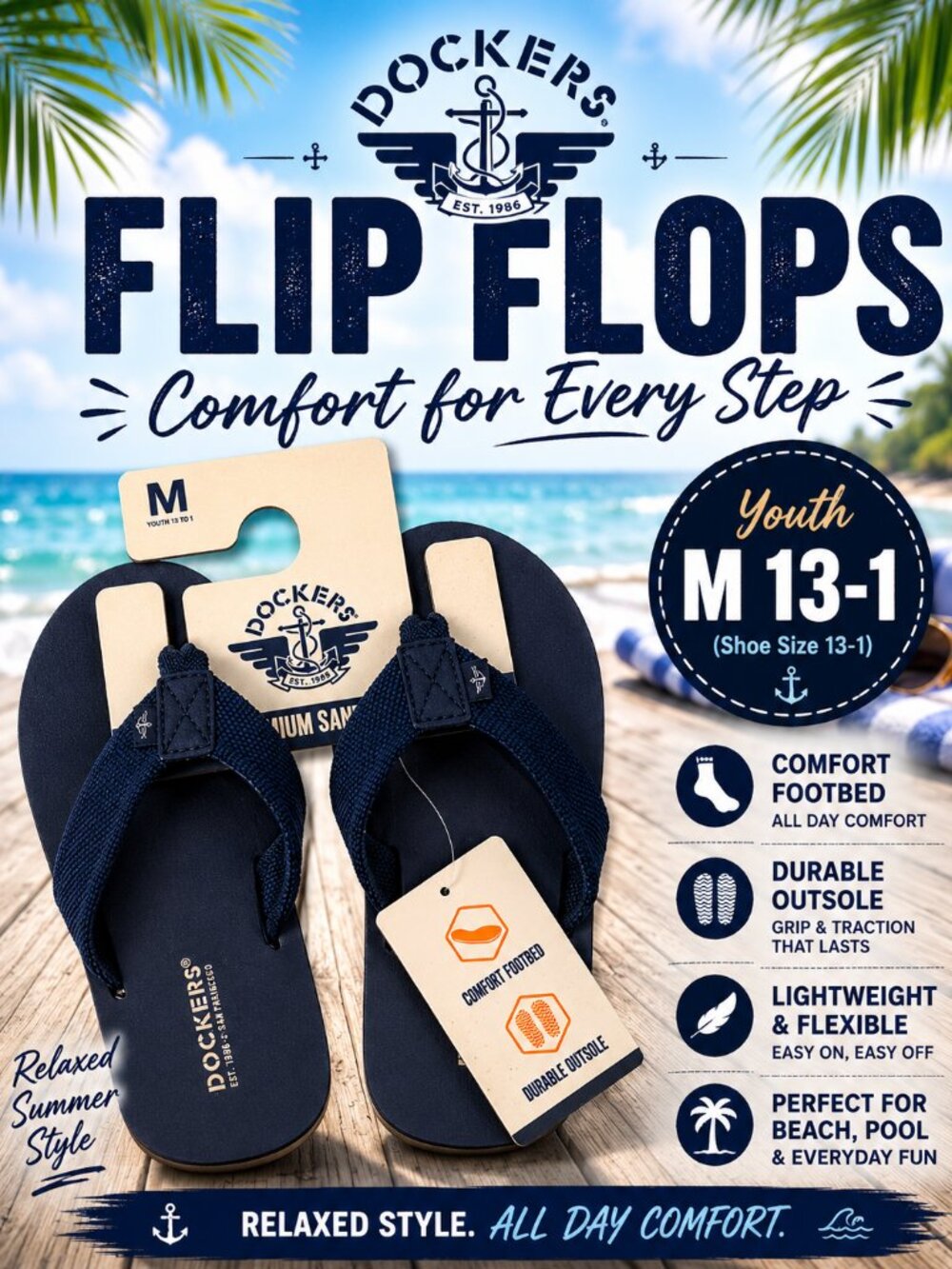 Dockers Premium Flip Flops Minimalist Solid Navy Blue Youth M 13-1 Sandals